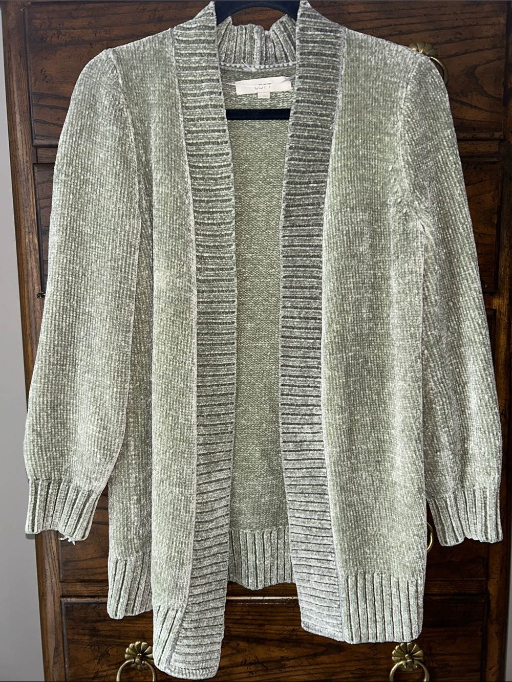 LOFT Light Sage Green Chenille Open-Front Cardigan, Size M